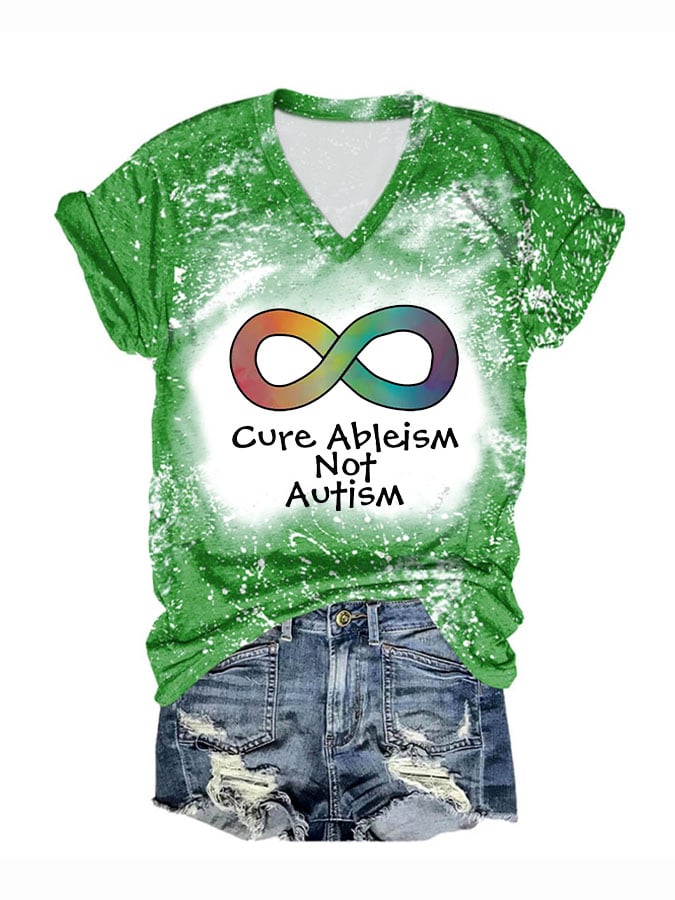 V-neck Autism Acceptance Cure Ableism Not Autism Print T-Shirt