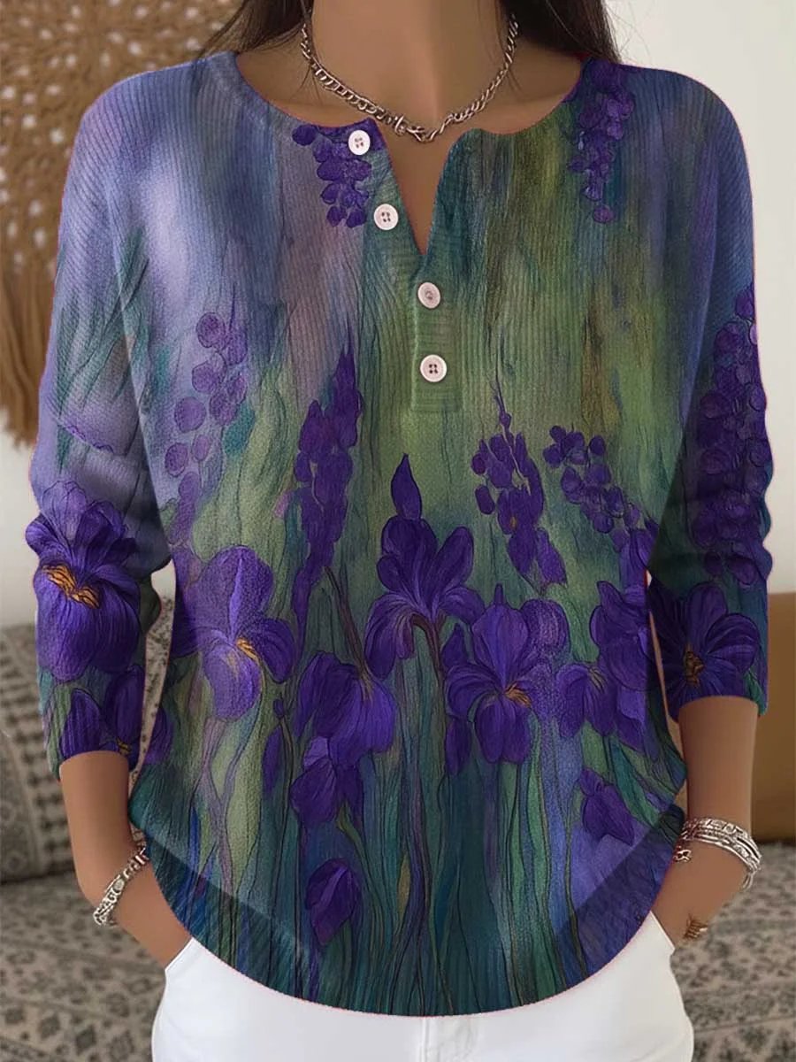 Women's Retro Purple Floral Pattern Long Sleeve Top