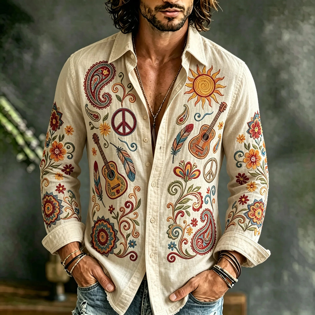 Men's Vintage Hippie Floral And Peace Art Print Long Sleeves Linen Shirt