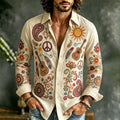 Men's Vintage Hippie Floral And Peace Art Print Long Sleeves Linen Shirt