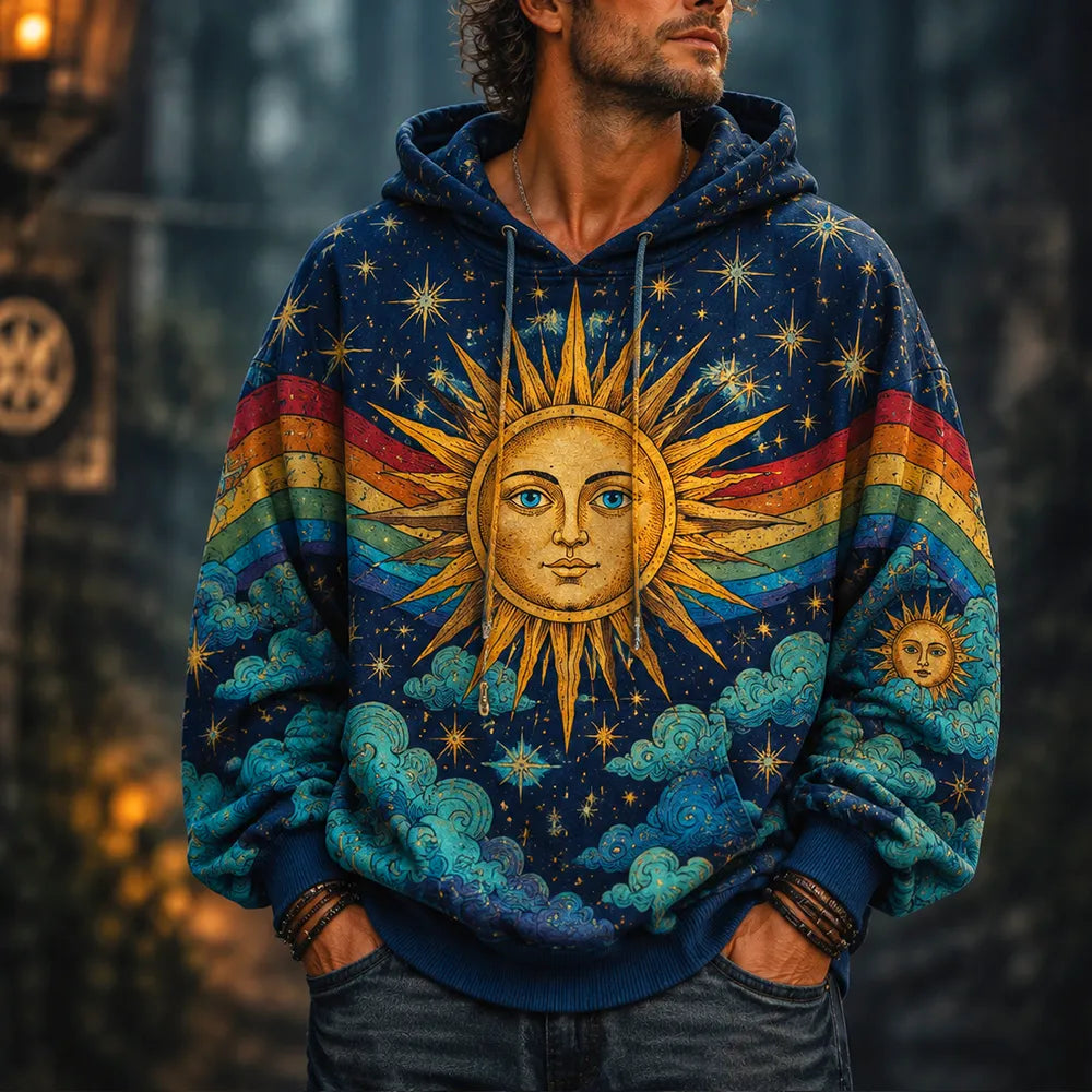 Men's Retro Sun & Rainbow Graphic Hoodie - Celestial Starry Sky Print Pullover Sweatshirt