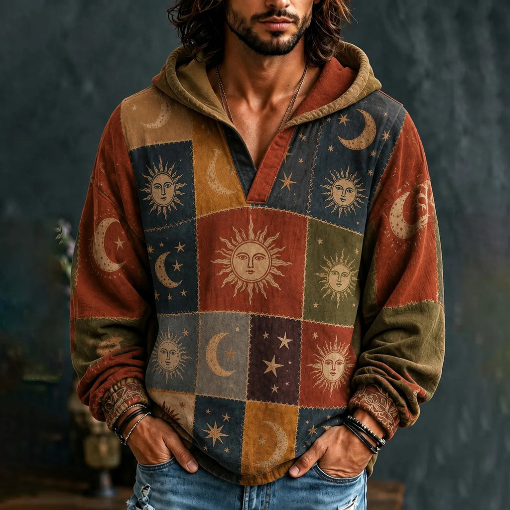 Men's Hippie Celestial Sun Moon Star Grid Print V-neck Hoodie