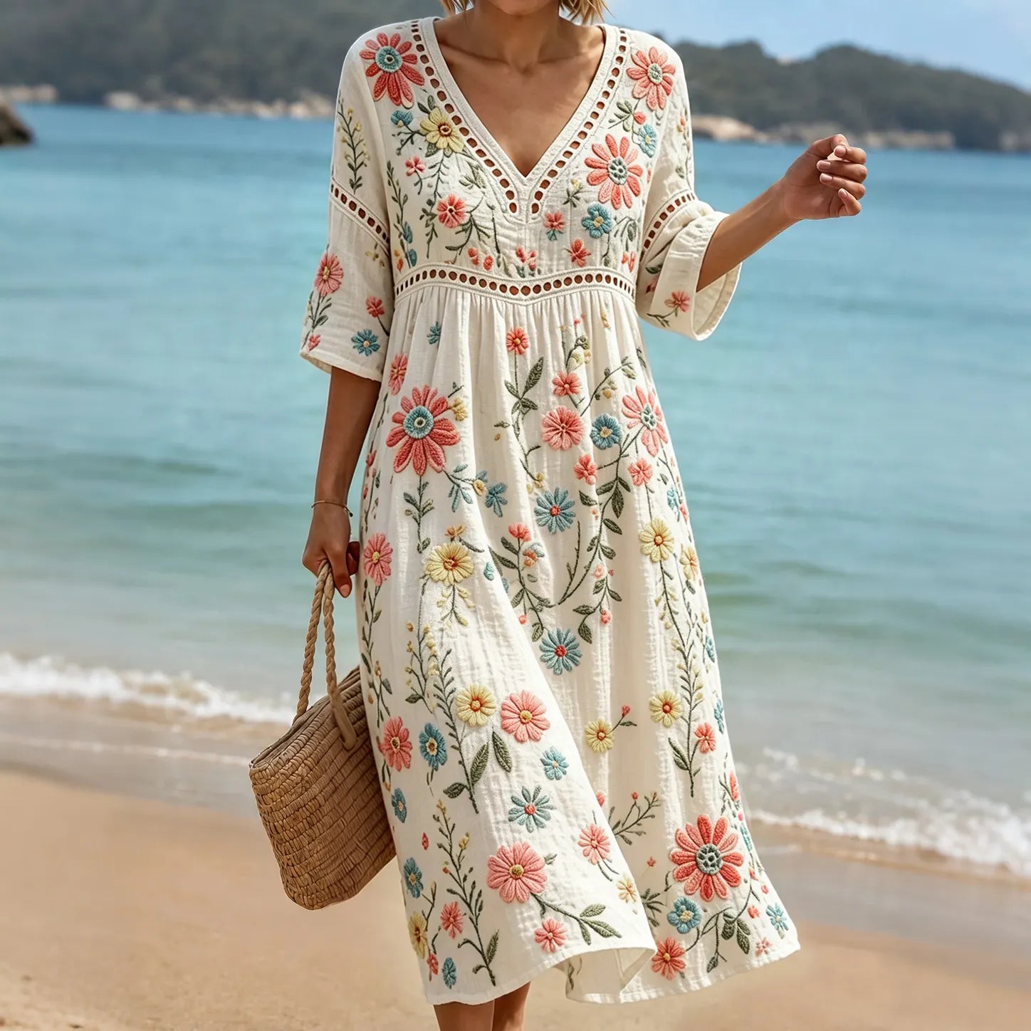 Women's Vintage Hippie Floral And Dragonfly In Patchwork Pattern Art Embroidered Linen Blend V Neck Mid-length Sleeve Dress