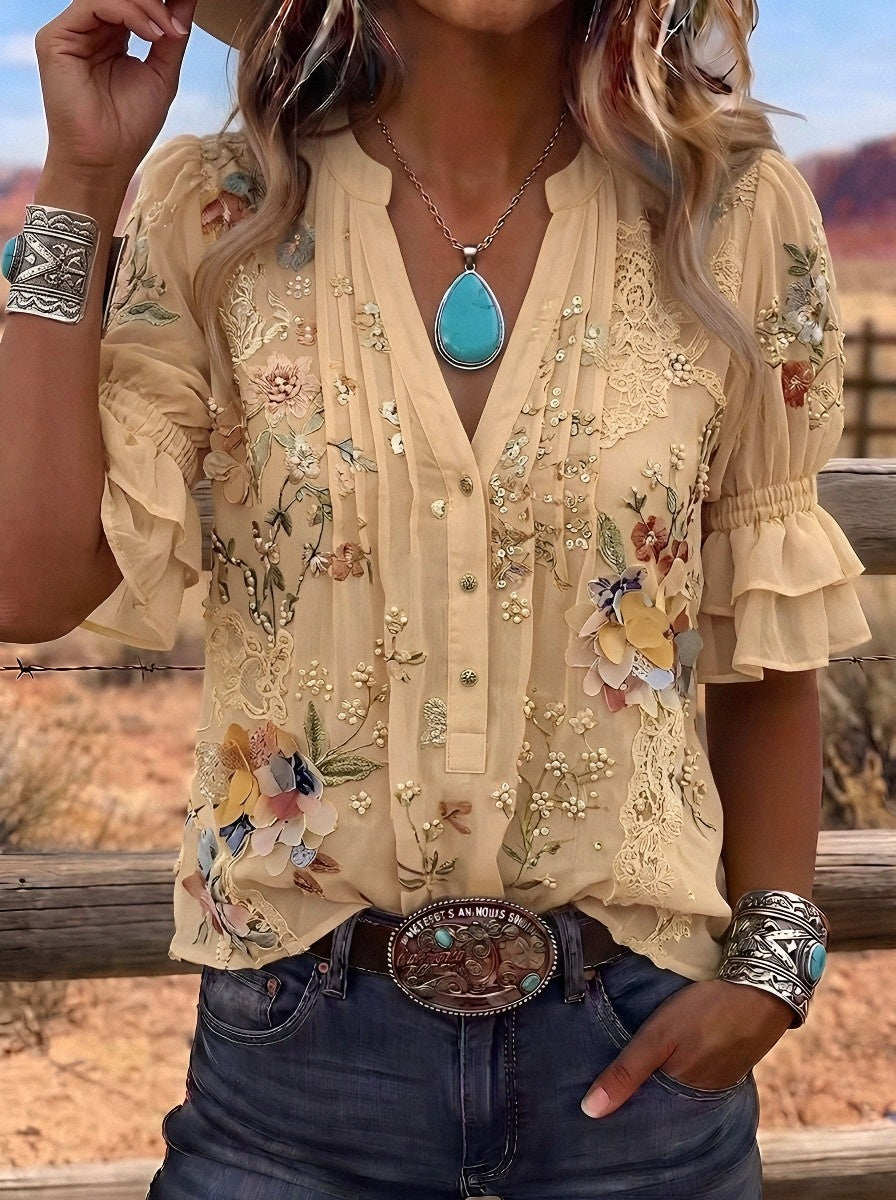 Women's Western Vintage Floral Embroidered Printed Top