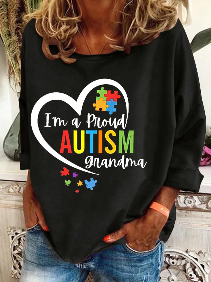 Retro Autism Awareness Love Heart Puzzle I'm A Proud Autism Grandma Print Sweatshirt
