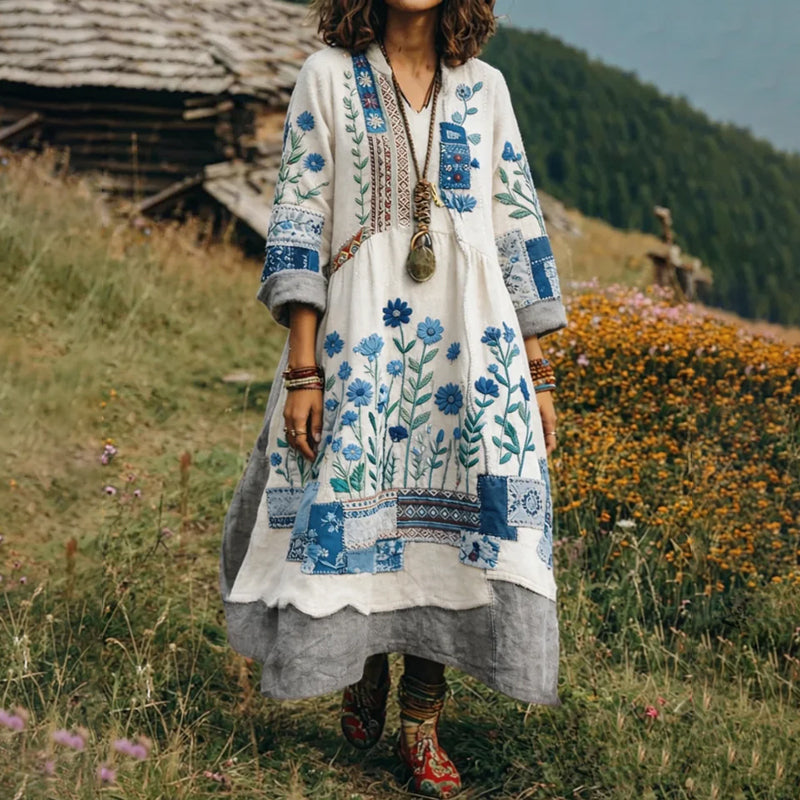 Women's Bohemian Retro Ethnic Floral Color-blocked Art Print Flowy Linen Blend Long-sleeve Casual Dress