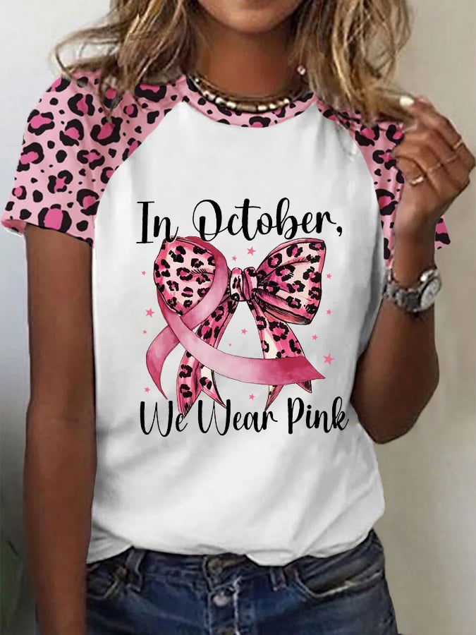 Women's Breast Cancer Awareness In October We Wear Pink Leopard Bow  Casual Tee