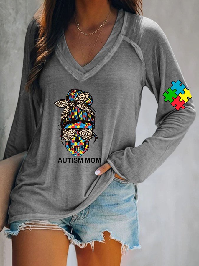 Women's Autism Mom Printed V Neck Long Sleeve T-Shirt