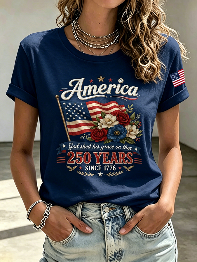 Ladies' Casual American 250Th Anniversary Floral Commemorative Round Neck Short Sleeved T-Shirt