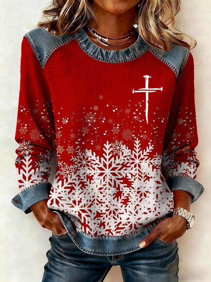 Women's Christmas Cross Print Casual Round Neck Top