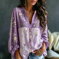Women's Small Floral And Lace Art Splicing Washed Cotton Linen Casual V-neck Long Sleeve Top