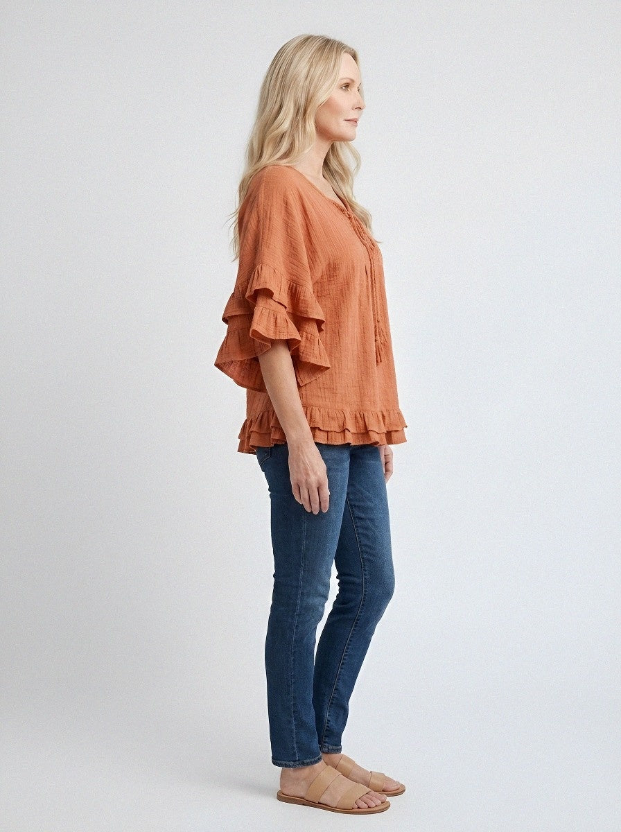 Women's Western Vintage Ruffle Lace-Trimmed Printed Top