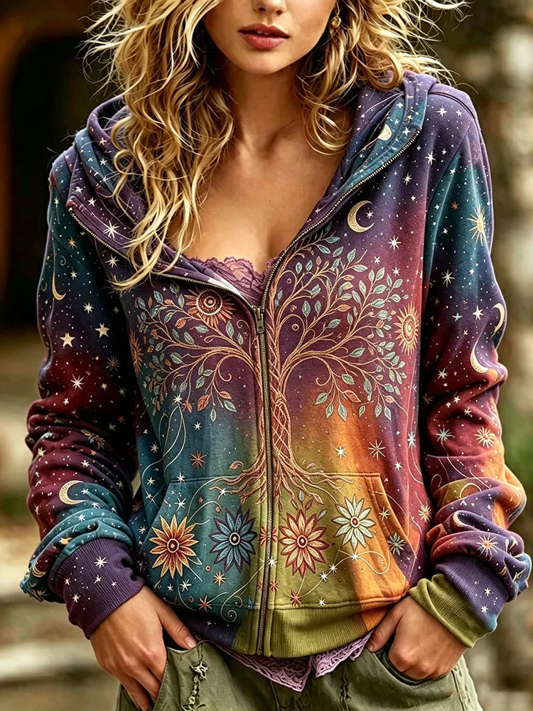 Women's Retro Hippie Star And Moon And Tree Of Life Gradient Print Zippered Hoodie