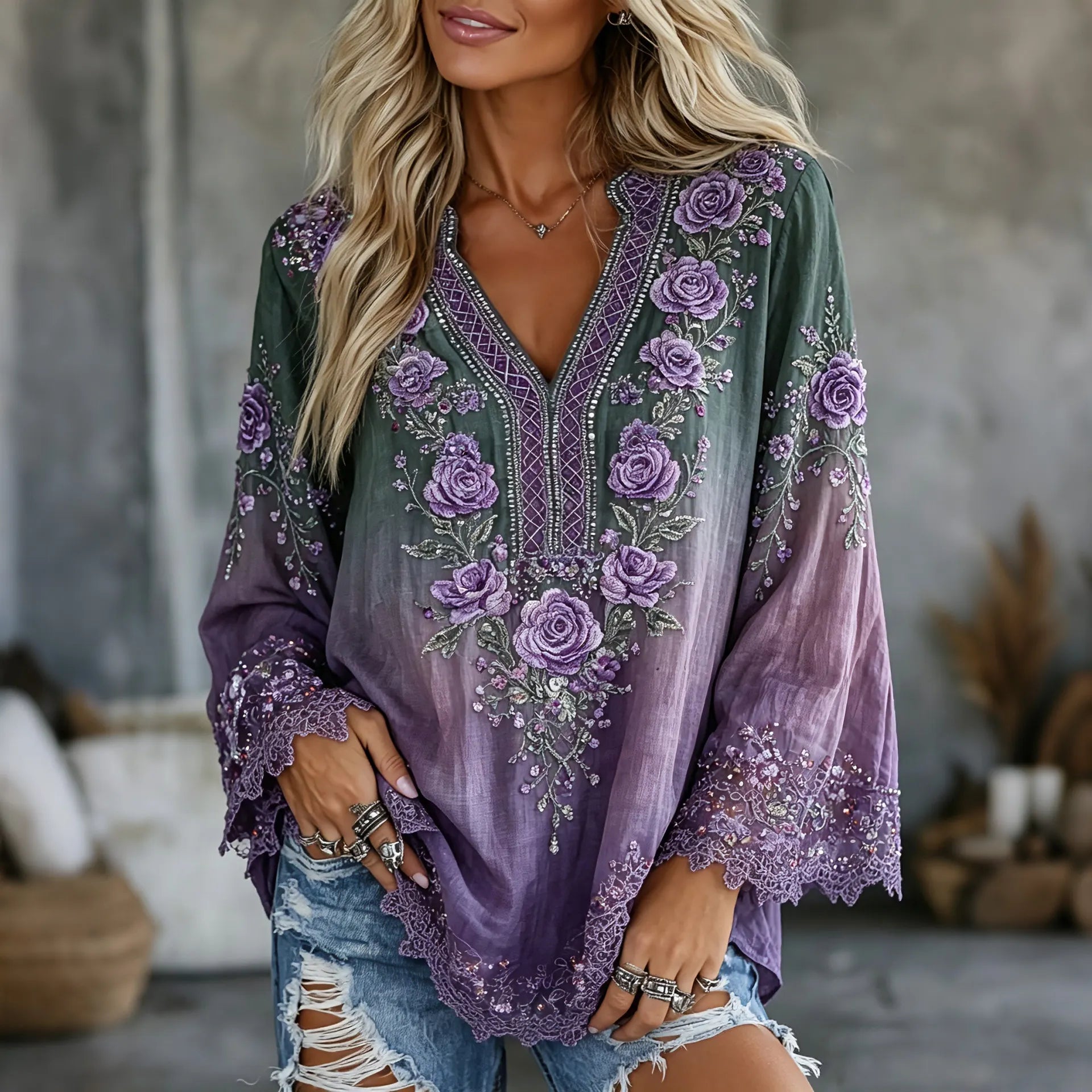 Women's Vintage Floral Gradient Art Flowy Linen Blend Casual T-shirt