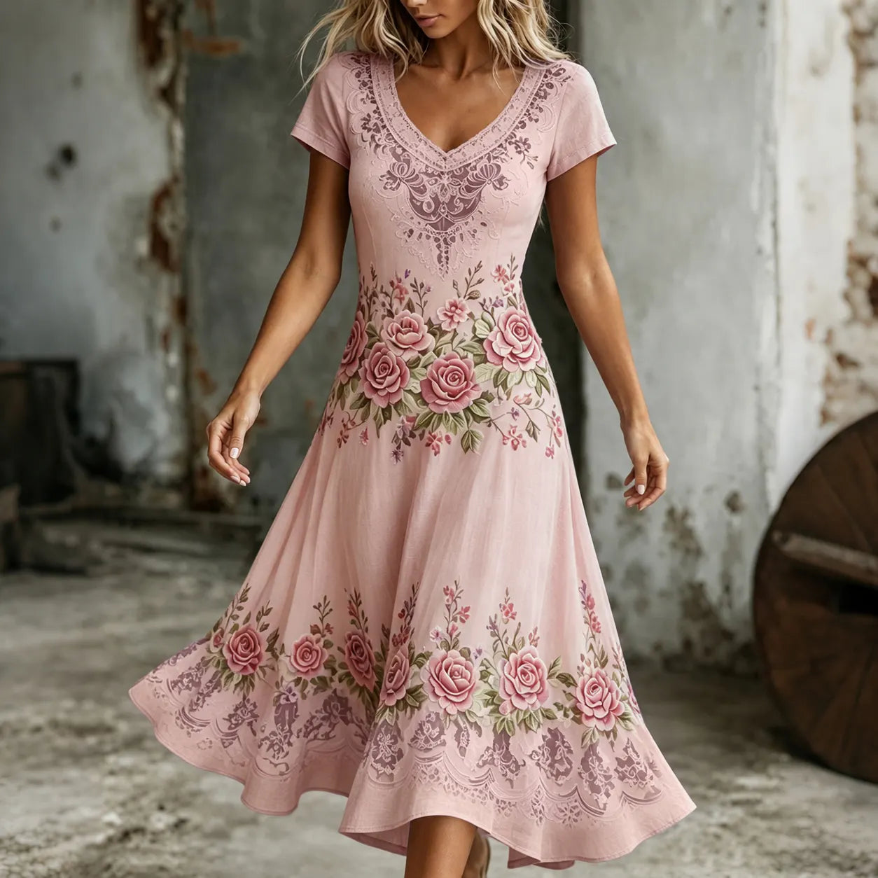 Women's Retro Purple Rose Embroidery Art V Neck Short Sleeve Midi Dress