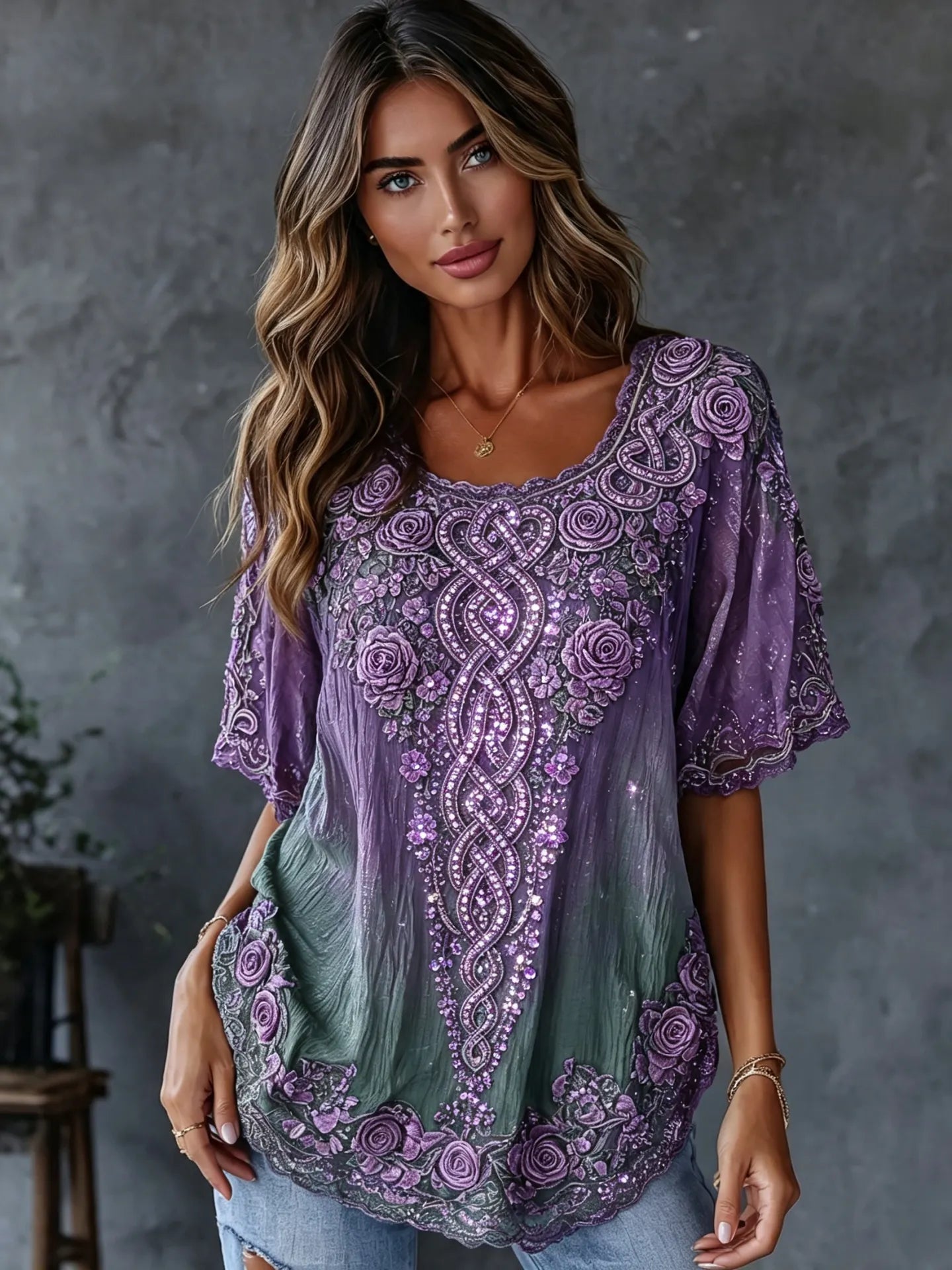 Women's Retro Celtic Knot Floral Gradient Art Flowy Linen Blend Casual Tops