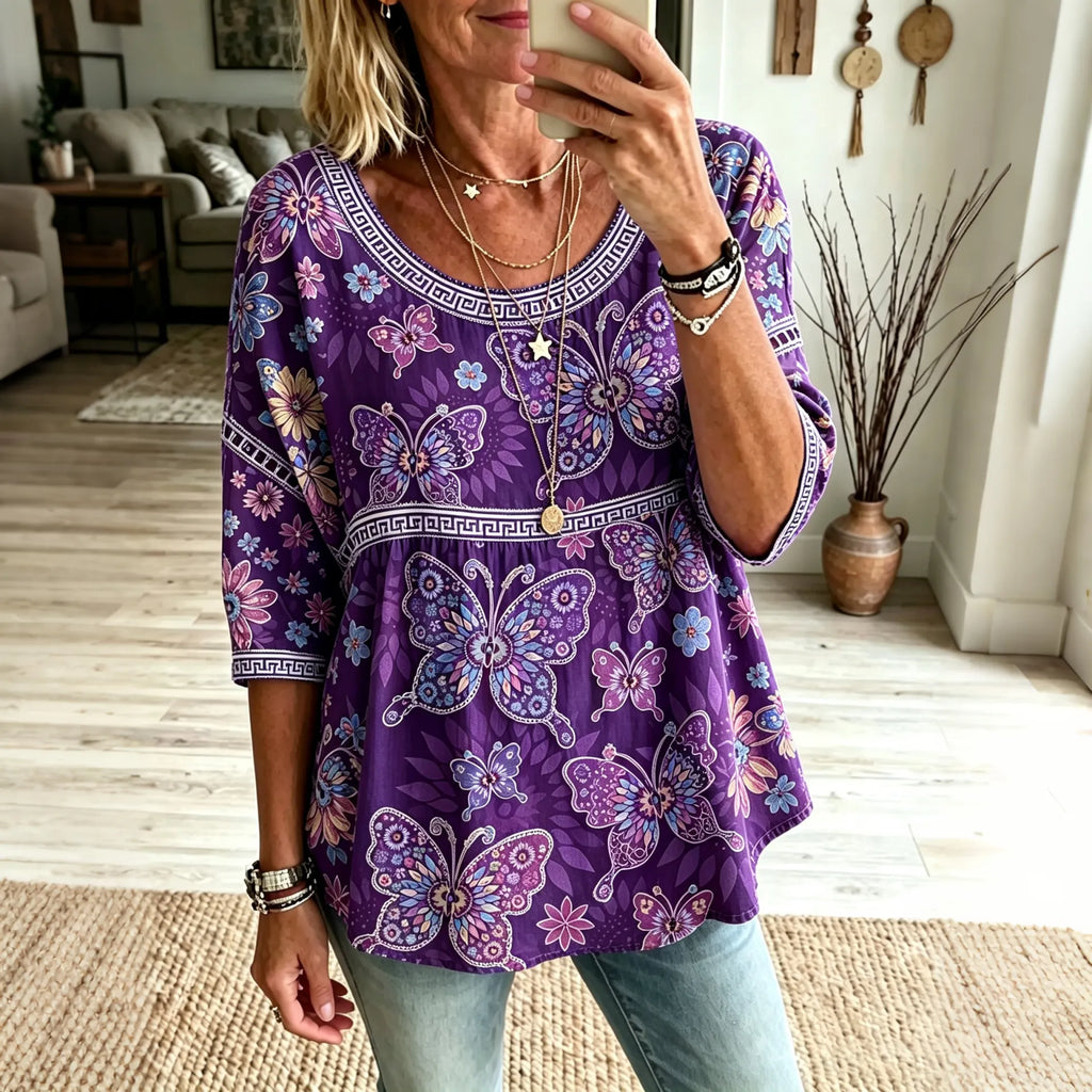 Women's Retro Butterfly And Floral Print Cotton Linen Crew Neck T-shirt