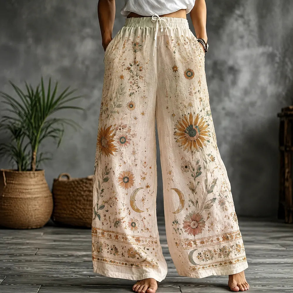 Women's Boho Sunflower, Moon Phase & Floral Print Wide-leg Pants