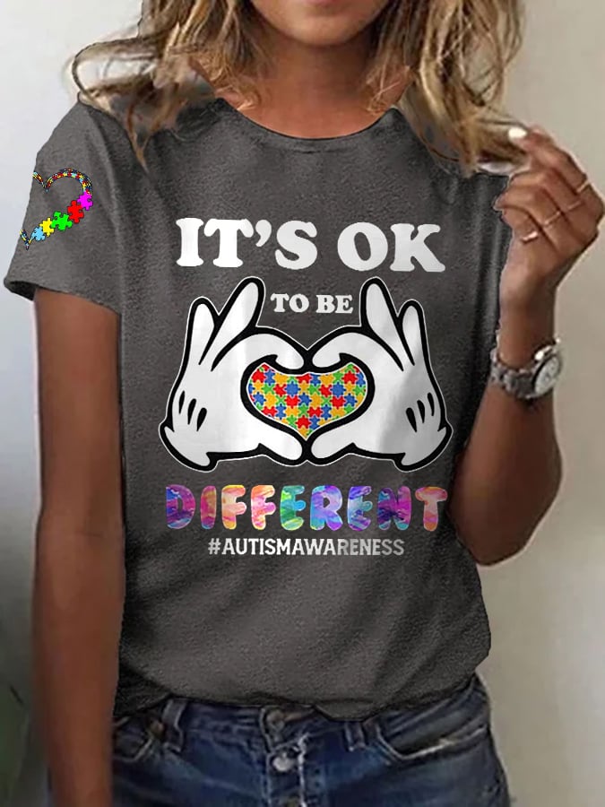 Women's It'S Ok To Be Different Autism Awareness Printed Casual T-Shirt