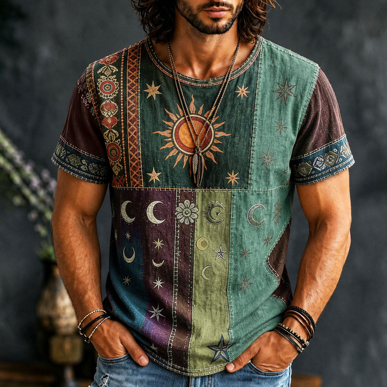 Men's Hippie Sun And Moon Element Patchwork Art Print T-shirt