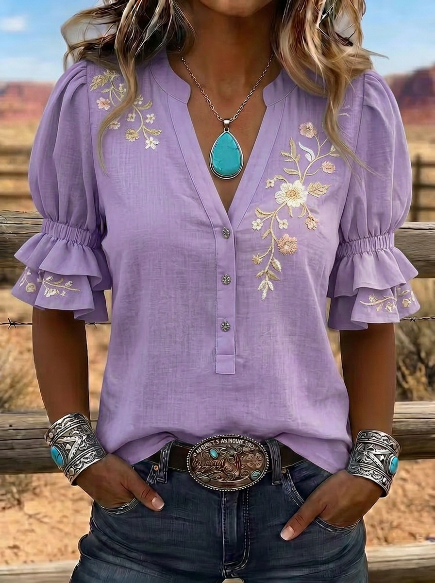 Women's Western Vintage Floral Embroidered Ruffle Sleeve Top