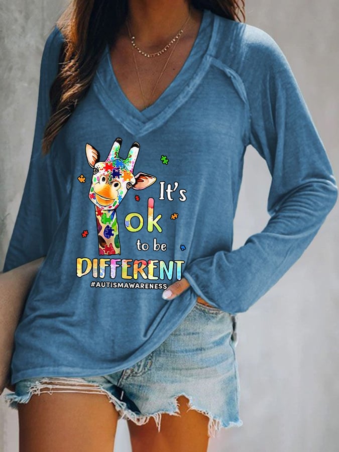 V-neck Autism Awareness Giraffe It's Ok To Be Different Print T-Shirt