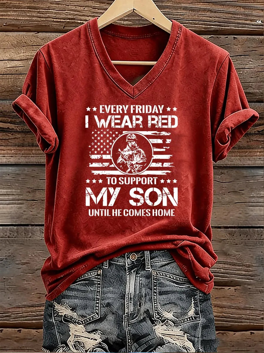 Wear Red Support My Son Until They Come Home Pattern Print V Neck Casual T-Shirt