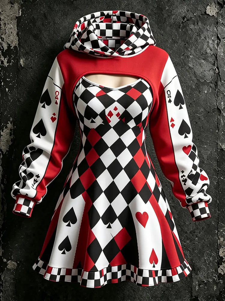 Women's Retro Halloween Clown Playing Card Color Block Print Hoodie Suspender Dress Two-piece Set