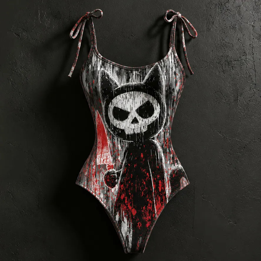 Women's Halloween Bloody Cat Skull Print Hoodie Two-piece Set