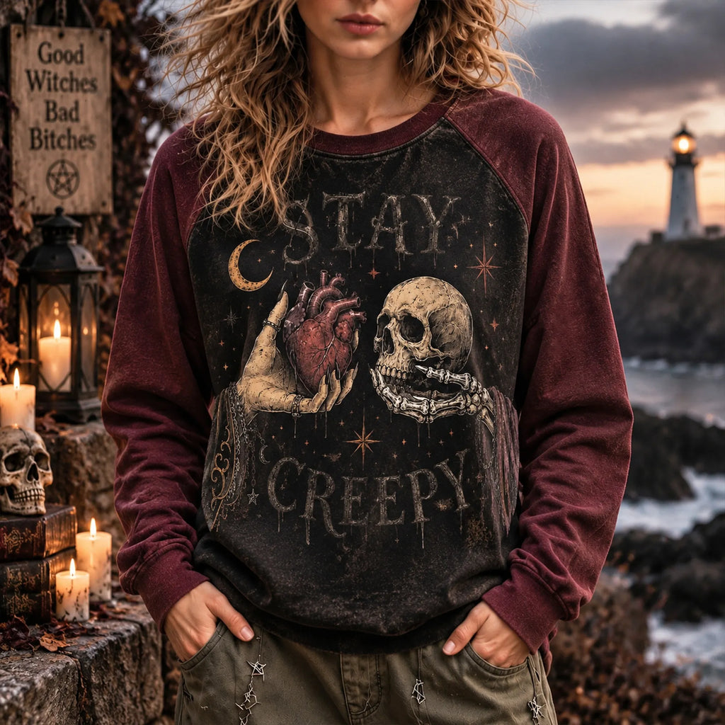 Vintage Distressed Stay Creepy Skeleton Hand Anatomical Heart Raglan Sweatshirt