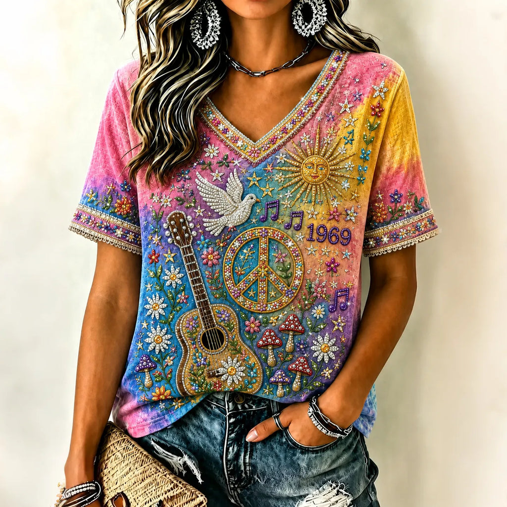 Women's Vintage Hippie Floral Peace Sign Guitar Art Linen Blend V Neck Short Sleeve Tops