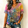 Women's Vintage Hippie Floral Peace Sign Guitar Art Linen Blend V Neck Short Sleeve Tops