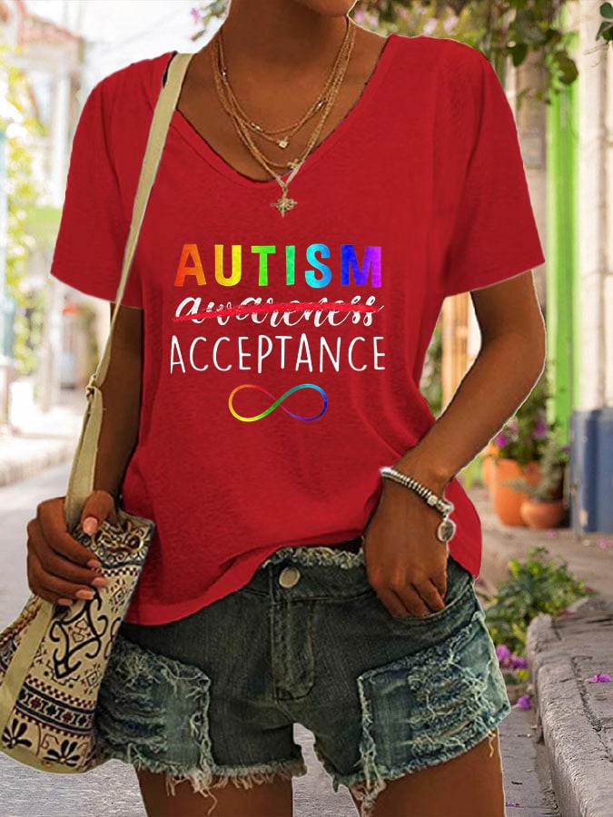 V-neck Autism Acceptance Rainbow Autism Infinity Neurodiversity Print T-Shirt