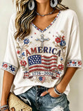 Women's Retro Independence Day Anniversary Print Mid-length Sleeves V-Neck T-Shirt