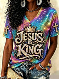 Women's 'Jesus is King' Christian V-neck T-shirts