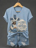 Women's The Lord is My Shepherd Print Casual V-Neck Tee