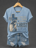 Women's I Can Do All Things Through Christ Print Casual V-Neck Tee