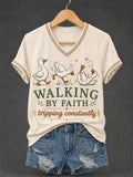 Women's Walking by Faith Tripping Constantly Goose Print Christian Inspirational V-Neck Tee
