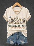 Women's Walking by Faith Tripping Constantly Goose Print Christian Inspirational V-Neck Tee