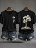 Women's Halloween Floral Skull Casual T-Shirt