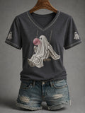 Women's Fall Season Halloween Ghost Print Casual V-Neck Tee