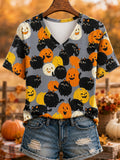 Women's Cute Fall Pumpkin Black Cats Print Casual V-Neck Tee