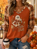 Women's Cute Ghost Hello Fall Plaid Print Casual Long-Sleeve V-Neck T-Shirt