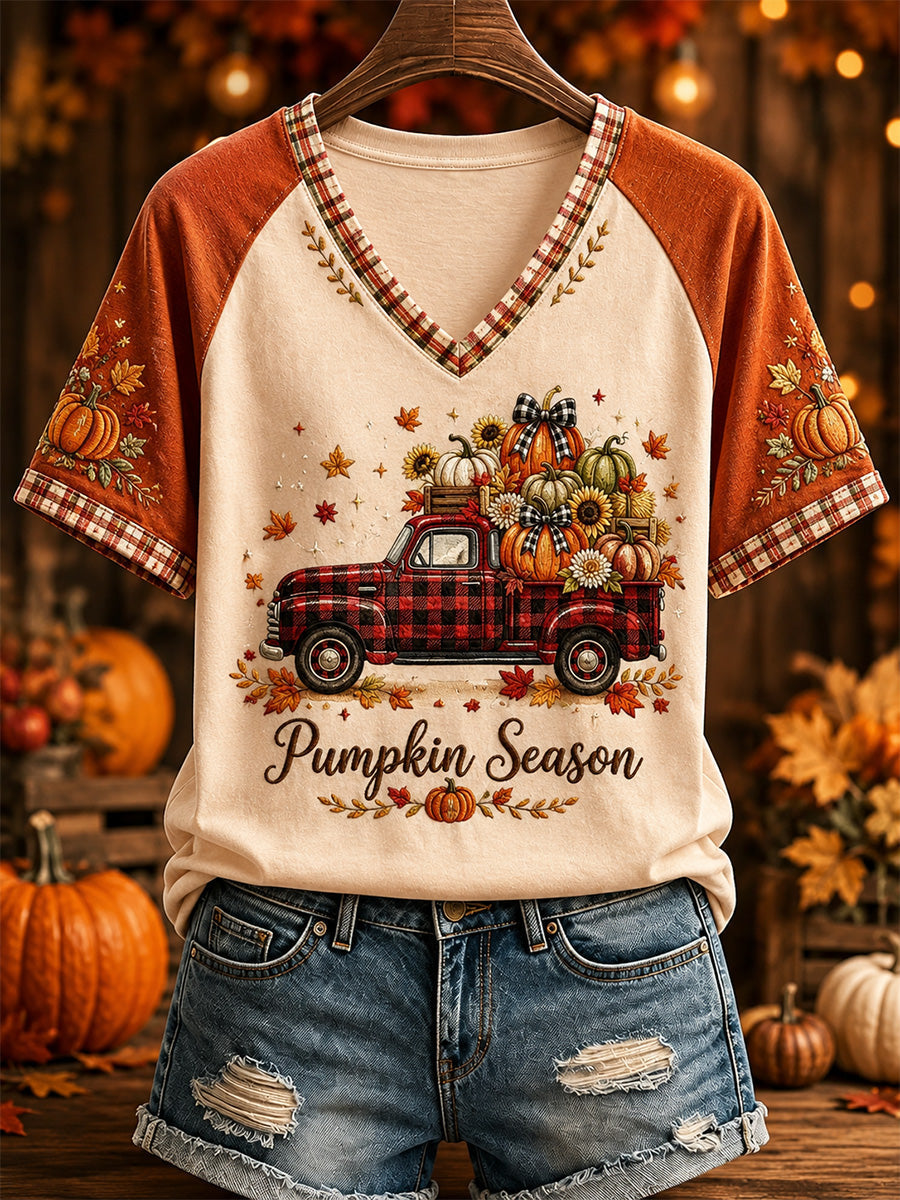Women's Fall Print Casual V-Neck Tee