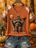 Women's Fall Print Casual V-Neck Tee