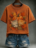 Women's Autumn Cute Cat Maple Leaf Pumpkin Short Sleeve T-shirt