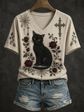 Women's Gothic Style Floral Cat T-Shirt
