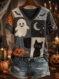 Women's Halloween Ghost Black Cat Patchwork Print Casual V-Neck Tee
