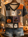 Women's Halloween Ghost Pumpkin Face Patchwork Print Casual V-Neck Tee