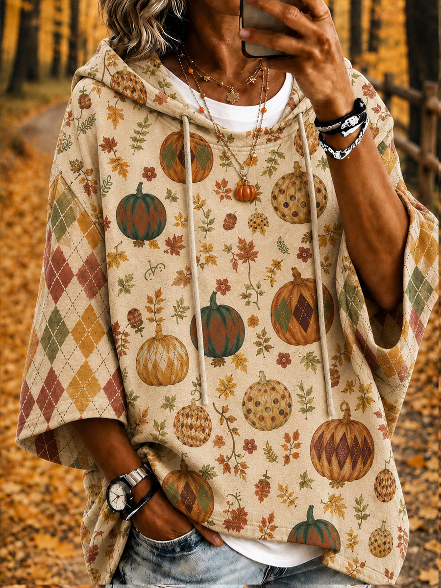 Women's Autumn Grid Cute Pumpkin Maple Leaf Pattern Casual Hoodie
